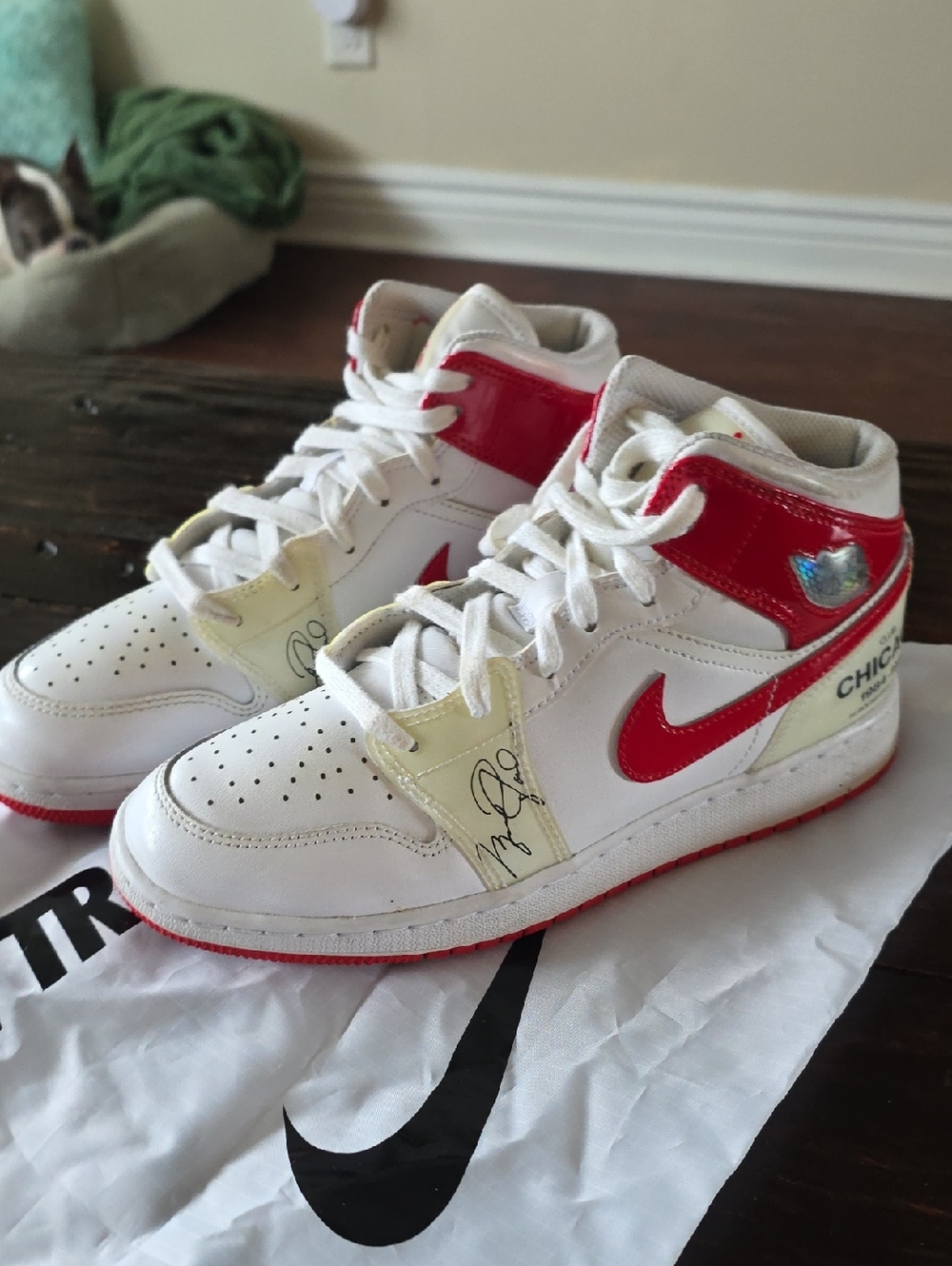 Nike Kids White and Red High-Top Sneakers with Red Swoosh